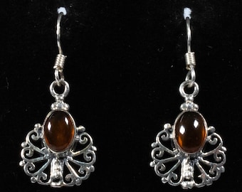 Vintage Sterling Silver Dangle Earrings With Orange Stone And Filigree Fan Design!