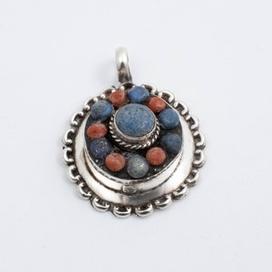 Vintage Sterling Silver Birthday Cake Inspired Pendant with Blue & Red Quartz!