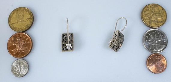 Vintage Sterling Silver Rectangular 3D Drop Earri… - image 4