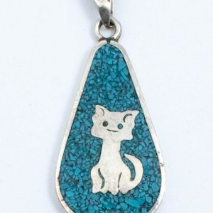 Vintage Sterling Silver Teardrop Pendant With Cat & Blue Turquoise! Taxco Mexico