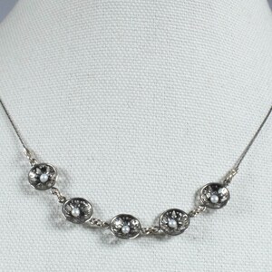 Vintage Sterling Silver Chain Necklace With Five Round Bowl Shaped Pendants With Pearl Bead Accents [Size 17&quot;]