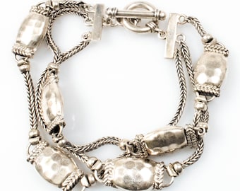 Vintage Sterling Silver Triple Strand Hammered Barrel Bead Toggle! [Size 6.5"]