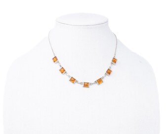 Vintage Sterling Silver Square Honey-Coloured Stone Link Necklace! [Size 17 US]