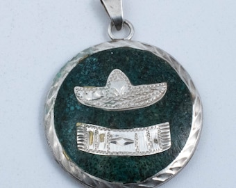 Vintage Sterling Silver Mexican Themed Pendant With Sombrero And Blanket With Mayan/Aztec Etchings!