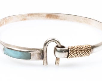 Vintage Sterling Silver Larimar Inlay Hook Bangle with 14K Gold Wrap Detail! [Size 6.75"]