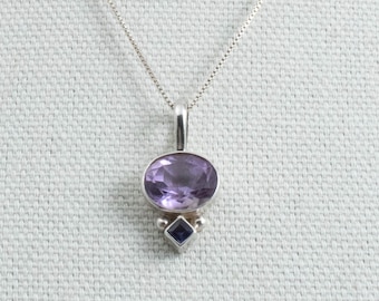Vintage Sterling Silver Box Chain With Small Pendant with Purple & Blue Stones! [Size 18"]