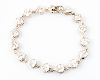 Vintage Sterling Silver Faceted Clear Heart Tennis Link Bracelet! [Size 7.25"]