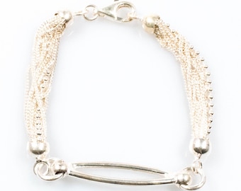Vintage Sterling Silver Multi-Strand Liquid Chain and Curved Bar Bracelet! Made in Italy! [Size 6.5"]