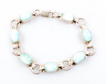 Vintage Sterling Silver Larimar Oval Cabochon Link Bracelet! [Size 7"]