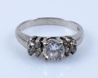 Vintage Sterling Silver Engagement Ring with Large Centre Diamond and Small Flanking Diamonds! [Size 9.5 US]