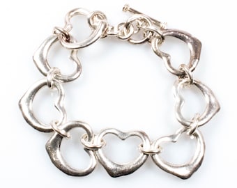 Vintage Sterling Silver Substantial Linked Open Hearts Toggle Bracelet! [Size 6.75"]