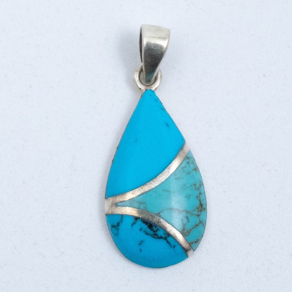 Vintage Sterling Silver Navajo Teardrop Pendant With Turquoise Inlay and Silver Detailing!