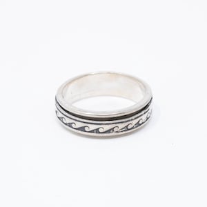 Vintage Sterling Silver Oceanic Wave Oxidized Spinner Band! Made in Mexico! [Size 14 US]