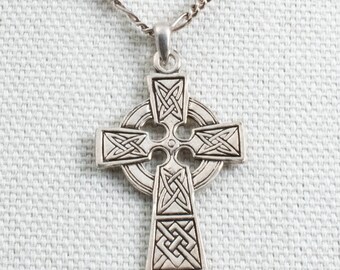 Vintage Sterling Silver Figaro Chain With Impressive Celtic Cross Pendant. [Size 20"]