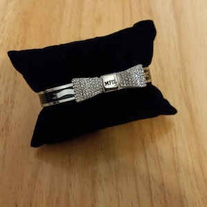 Brighton My Flat in London Windsor Black Enamel Crystal Bow Silver Hinged Bangle Bracelet