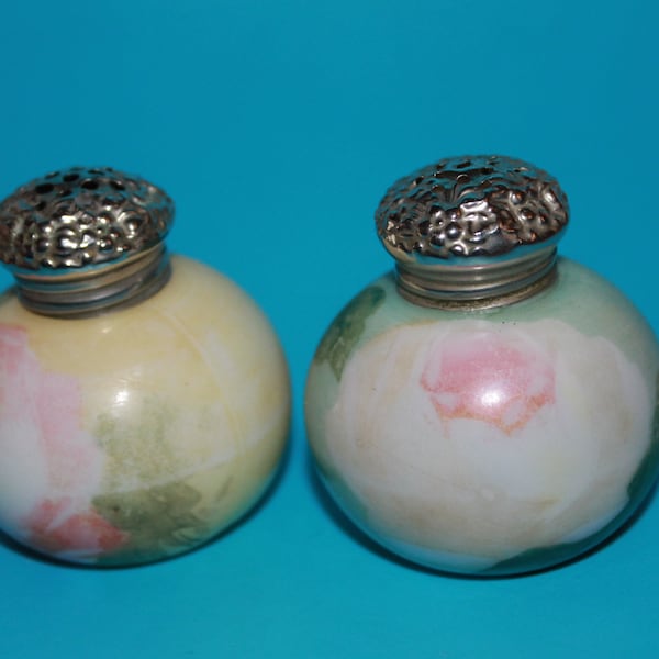 Antique Milk Glass Salt & Pepper Shakers Handpainted Round Victorian Style