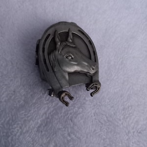Vintage Ms Dee Horse Head Pewter Trinket Box Pin Brooch with Earrings