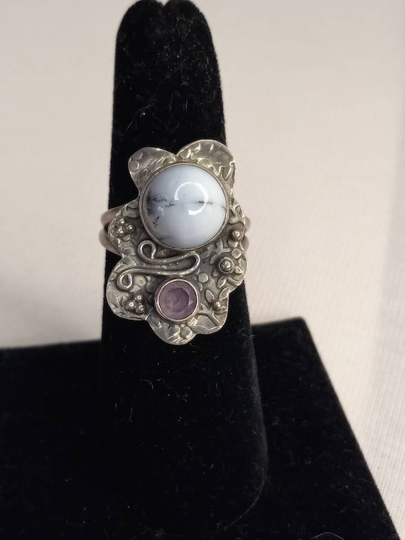 Stunning White and Purple Stone Floral Ring