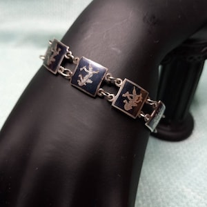 1940s Vintage Niello Nielloware Siam Sterling  Silver Link Bracelet 7&quot;