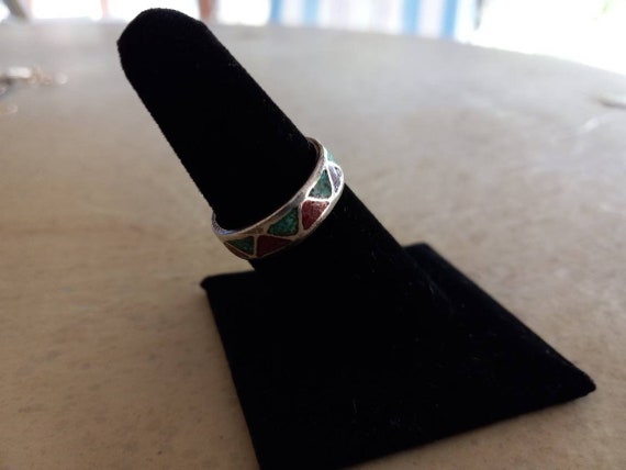 Turquoise and Coral Chip Inlay Ring Size 8 - image 3