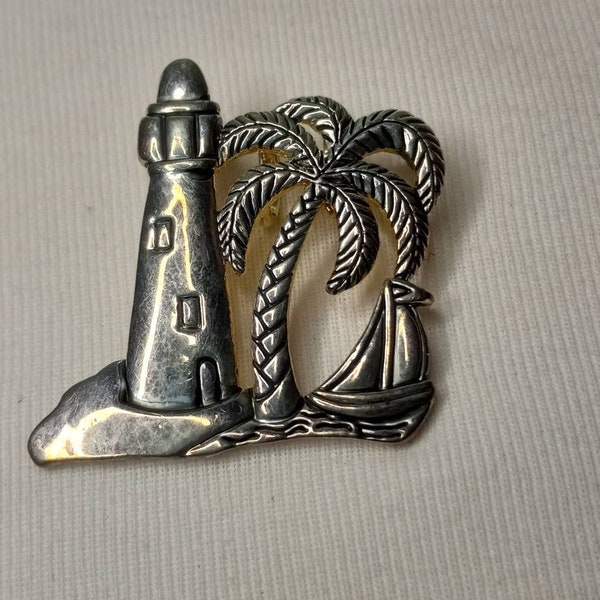 Vintage zilveren toon gesigneerd Mi Lighthouse Palm Tree Zeilboot Broche Pin