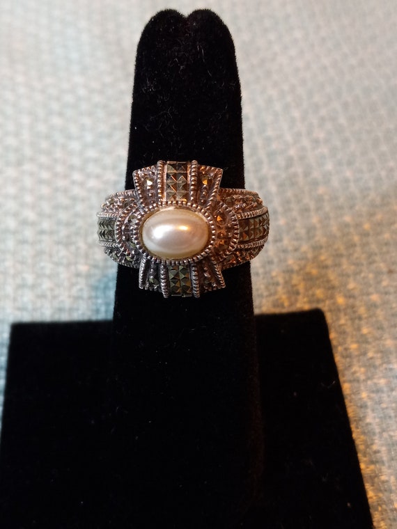 Vintage Judith Jack Pearl and Marcasite Ring