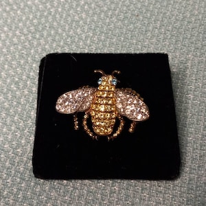 May include: A gold bee brooch with clear and yellow rhinestones. The bee has blue eyes and is set on a black velvet background.