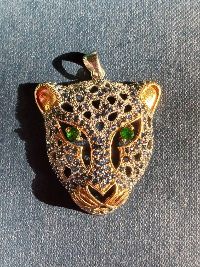 Sterling Panther Head Pendant With Genuine Emeralds Sapphires