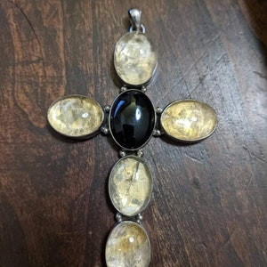 Huge vintage sterling cross with onyx and rutilated quartz. Very beautiful.