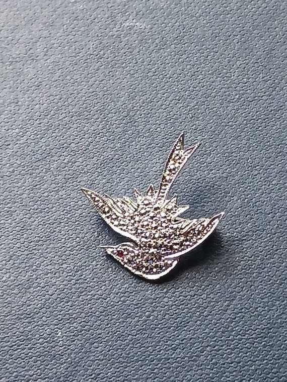 Flying Swallow Bird Pin with Marcasite and Red Eye