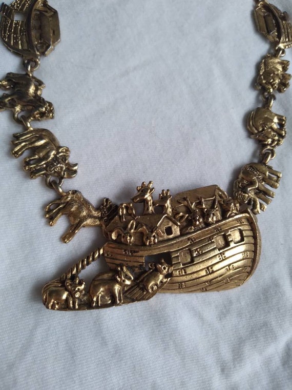 Vintage gold plated Noah's Ark charm necklace sig… - image 2