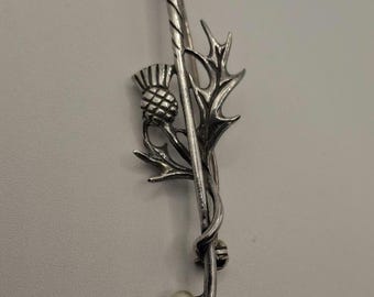 Scottish Themed Sterling Silver Golf Club Pin Brooch With Thistle And sterling Pearl Golf Ball