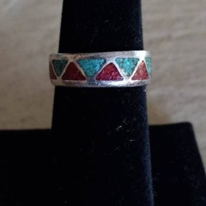 Turquoise and Coral Chip Inlay Ring Size 8