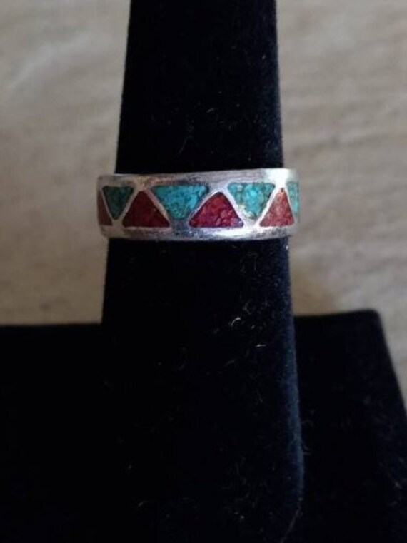 Turquoise and Coral Chip Inlay Ring Size 8 - image 1