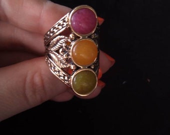 Barse Thai Sterling ring with green yellow pink stones size 7