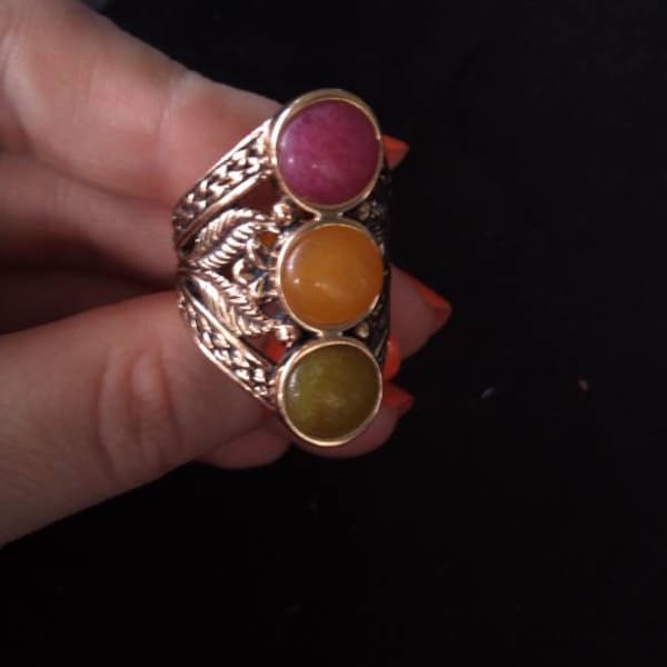Barse Thai ring with green yellow pink stones size 7