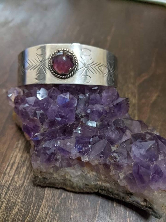 Mexican Silver Cuff Bracelet with Amethyst - image 1