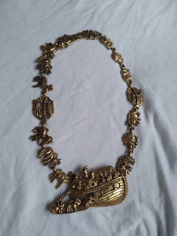 Vintage gold plated Noah's Ark charm necklace sig… - image 1