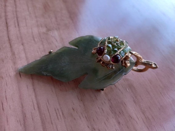 Genuine Jade Leaf with Jeweled Frog Pendant Pin B… - image 2