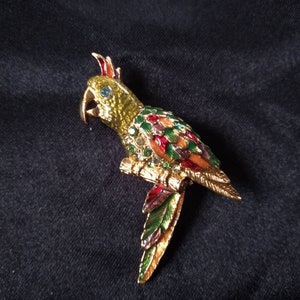 Gold tone enamel parrot brooch