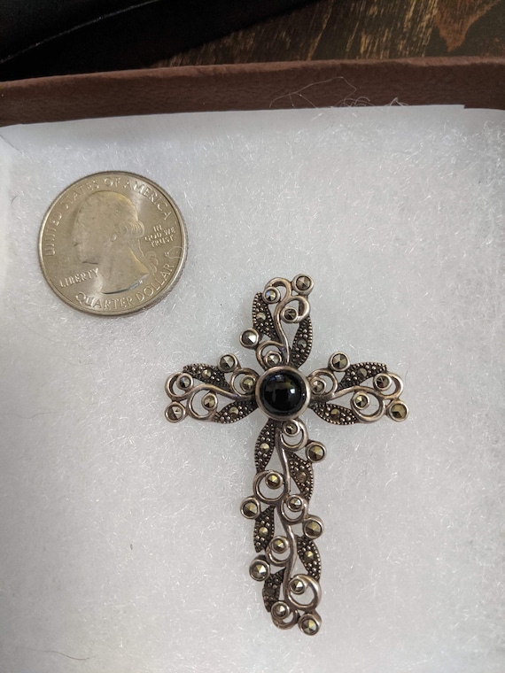 Large Sterling Silver vintage cross with onyx