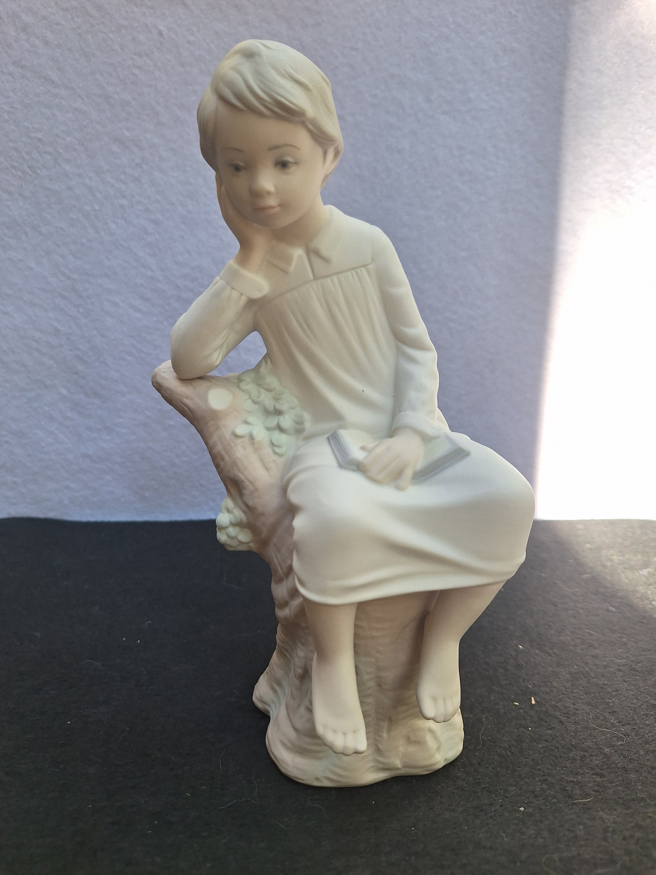 Vintage Lladro Boy Thinking on Tree Stump Figurine With Original