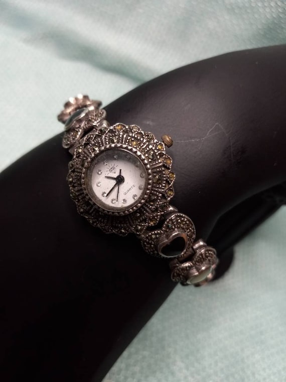 Sterling Silver Heart Watch Bracelet With Marcasite Mother of
