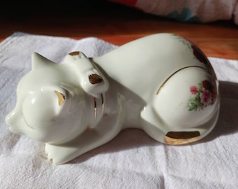 Vintage Formalities By Baum Bros Porcelain Cat with Roses 7.5 Inches Gold Trim