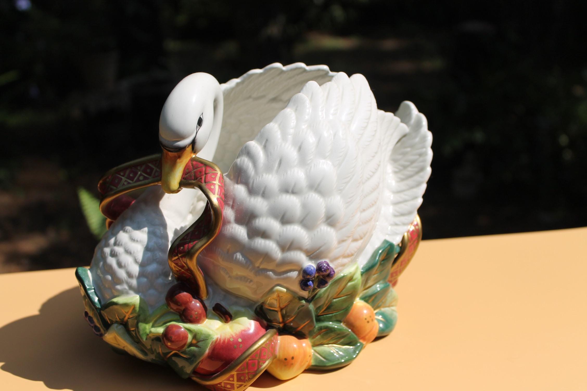 Retired Fitz and Floyd Large Holiday Swan With Fruit Centerpiece