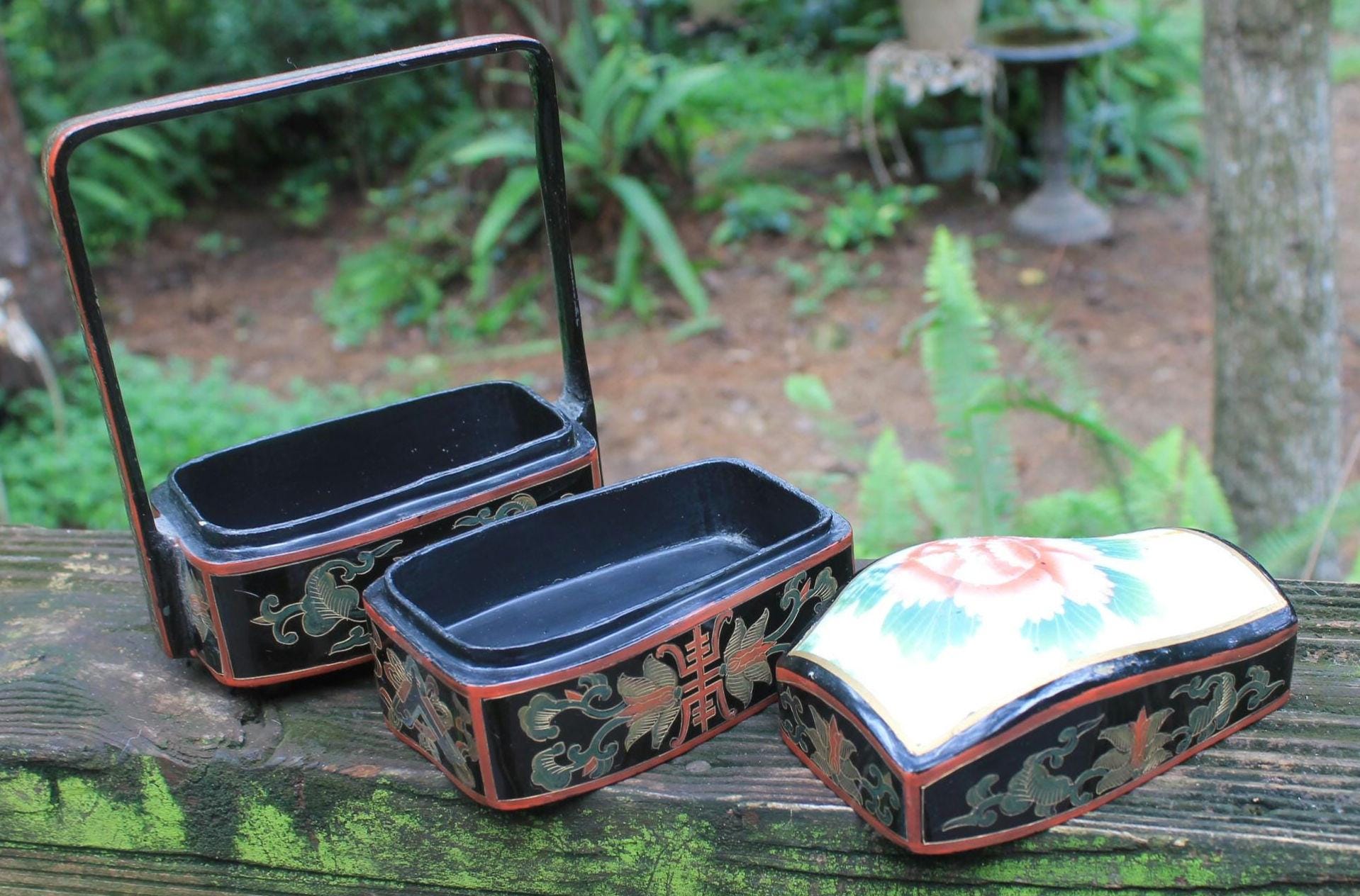 Vintage Japanese Lacquer Three Tier Box With Enamel. - Etsy Hong Kong