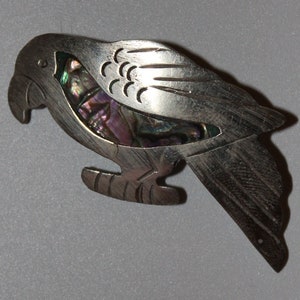 Sterling Silver Mexican Abalone Shell Inlay Parrot Pin Brooch