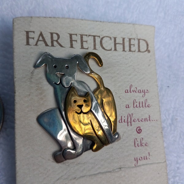 Far Fetched Sterling Silver and Mix Metals Dog and Cat Pin Brooch