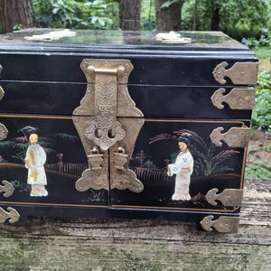 Large Vintage Black Lacquer Japanese Jewelry Box