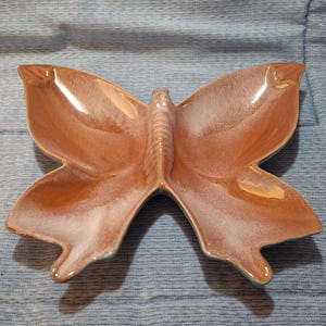 Könnte beinhalten: Eine braune und weiße, keramik-gefertigte Schale in Form eines Schmetterlings mit glasierter Oberfläche. Die Schale hat einen erhöhten Mittelteil und zwei Flügel, die sich nach außen biegen.